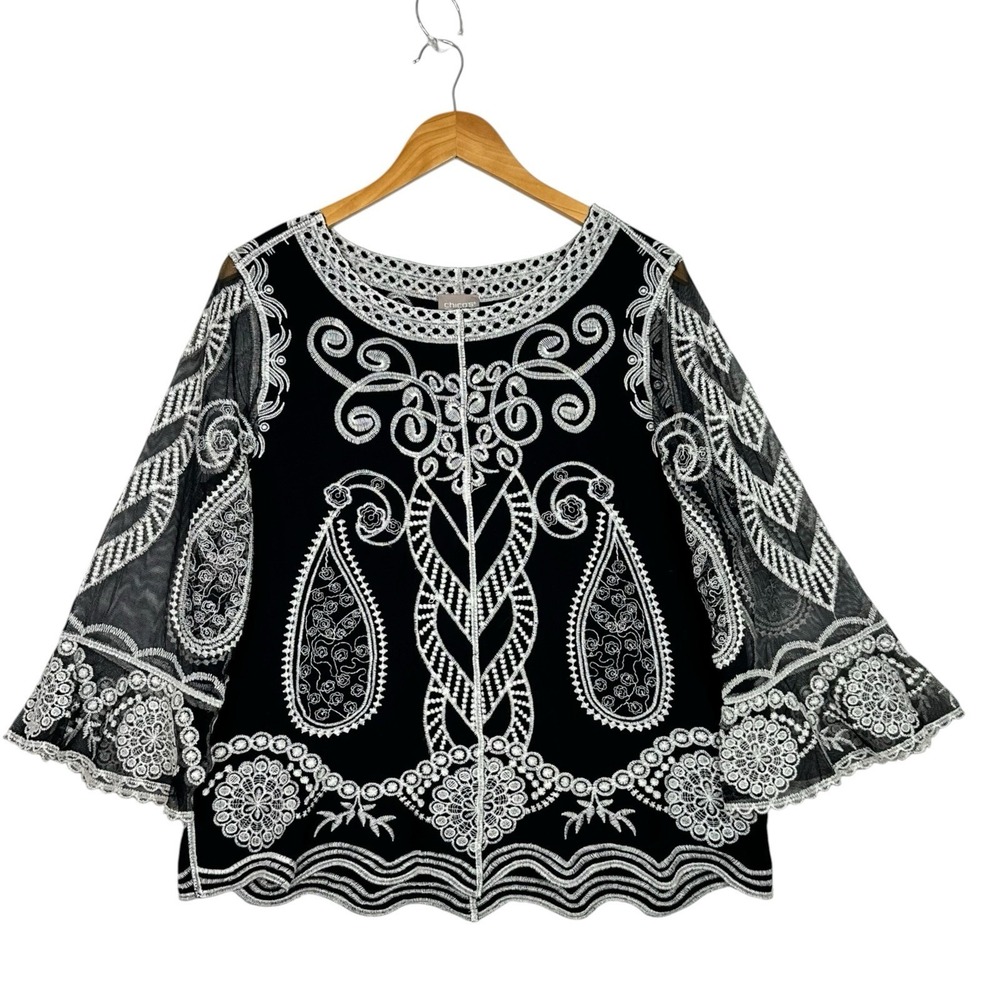 Chico's Size 2 L Black White Embroidered Mesh Bell Sleeve Boho Tunic Top